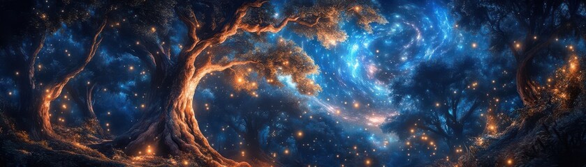 Fototapeta premium A mesmerizing nebula enveloping a mystical forest, ethereal lights dancing amidst ancient trees, surreal, luminescent, fantasy vibes