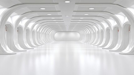 Naklejka premium Futuristic white corridor, endless perspective, clean design, modern architecture, background for science fiction