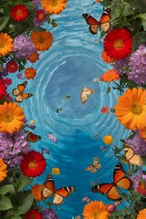 A butterfly garden filled with vibrant flowers and floating petals