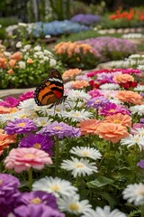 A butterfly garden filled with vibrant flowers and floating petals