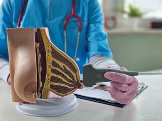 Doctor mammologist examines result of mammogram breast test with x-ray scan concept