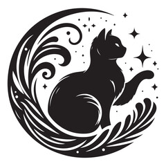 Hand-drawn sketch of a fluffy cat sitting in a graphic illustration