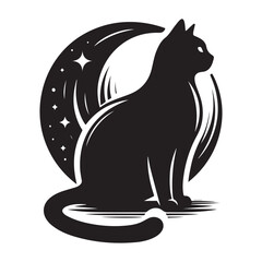 An image of a star-adorned cat in black and white style of silhouette painting