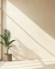 A serene indoor space featuring a potted plant, soft sunlight casting shadows on a light-colored wall.
