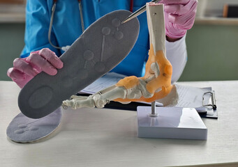Doctor installing a custom orthopedic insole on a patient foot closeup