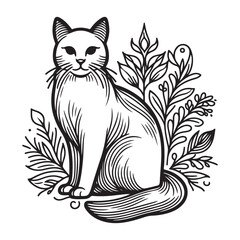 A black and white drawing of a cat with a black tail