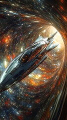 A sleek spaceship hurtling through a cosmic wormhole