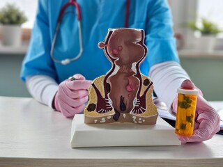 Doctor explains anatomy of human rectum and holds pills. Treatment of hemorrhoids and rectal fissures concept