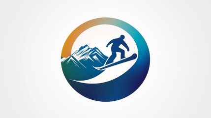 Snowboarder gliding over a wave with mountain backdrop creates a thrilling winter sports logo design. Generative AI