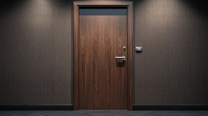 Brown wooden door in a dimly lit hallway with textured walls and modern fixtures. Generative AI