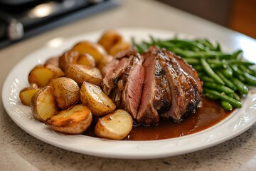 Roast beef with sauce, potatoes, and green beans on kitchen counter