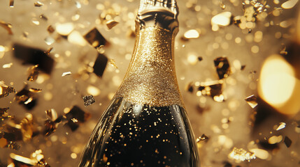 Champagne bottle with gold glitter and confetti, celebrating festive moments in style.