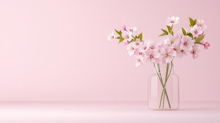 Naklejka premium A simple glass vase filled with blooming cherry blossoms, centered against a pastel pink background, soft natural lighting highlighting delicate petals.