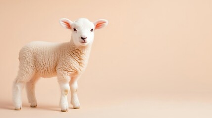 Obraz premium A young spring lamb standing calmly on a solid pale cream background, soft diffused lighting highlighting its woolly texture