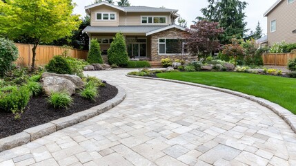 Obraz premium Winding stone path leads to house, landscaping