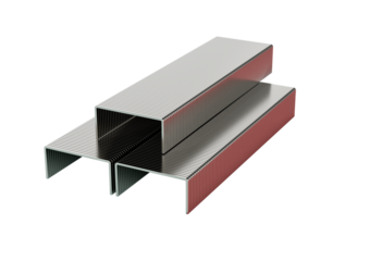 Three Metallic Staple Pins Blocks Rest On A Split Light Blue And Pink Background 3D Illustration