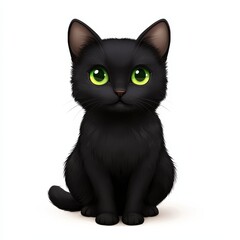 Fototapeta premium Cute black cat with bright green eyes sitting upright.