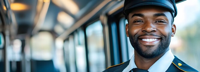 A person in a bus driver uniform, smiling and standing against an empty background