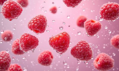 Fresh raspberries with water droplets flying