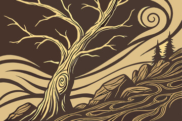 Obraz premium Intricate wood grain texture, golden fluid patterns, organic swirling forms, twisted driftwood, dark rocky background, dramatic lighting, high contrast, macro photography, nature abstract, earthy ton