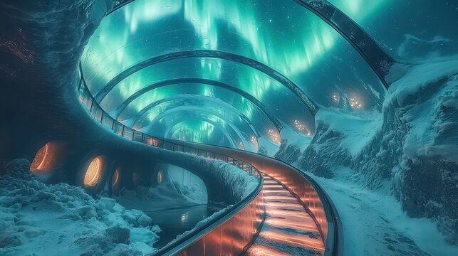 Arctic Aurora Tunnel Futuristic walkway under Northern Lights