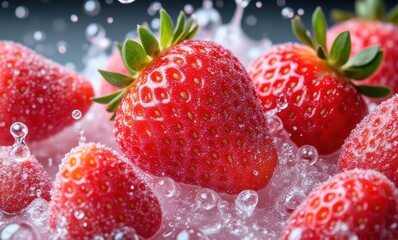 Fresh strawberries splashing in bubbles