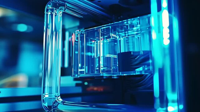 Close-up of a custom-built PC with a transparent liquid cooling system.