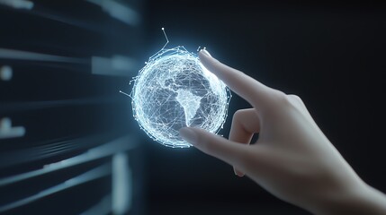 Hand reaching for digital globe representing global connectivity and innovation, glowing in a futuristic interface.