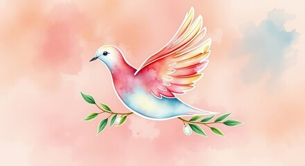 Fototapeta premium Peace Dove Icon With Leaf watercolor painting