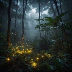 A magical jungle where fireflies dance against a glowing white mist.