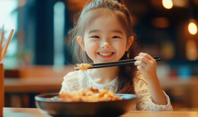 Young Korean girl eating with chopsticks at a restaurant, laughing while enjoying delicious food