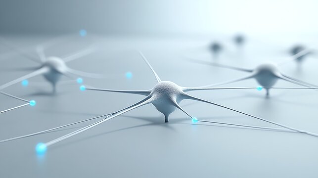 Futuristic neural network illustration showcasing interconnected nodes glowing on a smooth surface. - Powered by Adobe
