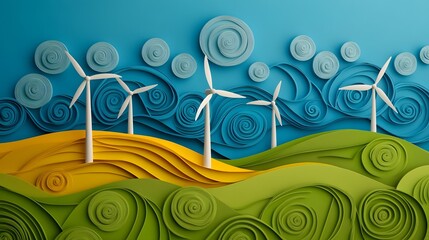 Picturesque Wind Turbines on a Lush Green Hill Representing Renewable Energy and Sustainability