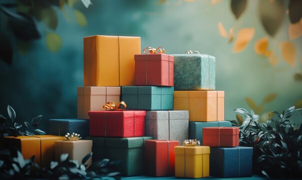 Diverse subscription boxes stack nature setting product photography