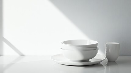 White minimalist bowls and a cup against a white background with natural light shadow