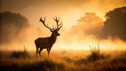 Obraz premium Majestic Red Deer Stag Silhouette Emerging from Foggy Landscape, wildlife photography
