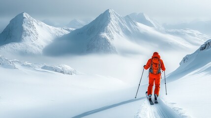 Skier in Bright Orange Gear Ascending Snowy Mountain Trail with Majestic Peaks in Background