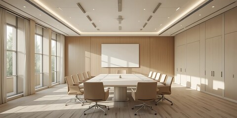 Naklejka premium Modern Conference Room With Large Windows and Wooden Walls