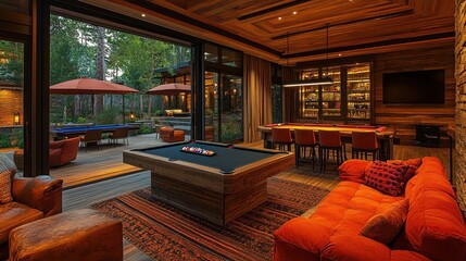 Luxury game room, pool table, patio view, relaxation
