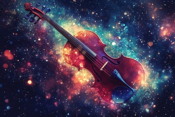 Fototapeta premium Cosmic Violin Celestial Music, Starry Background, Musical Instrument.
