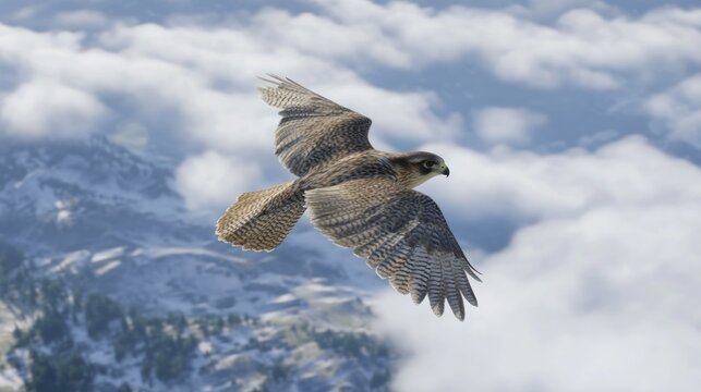 A Gyrfalcon Soaring Above Snowy Mountain Peaks