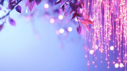 Obraz premium Vibrant Fairy Lights with Leaves on a Soft Blue Background