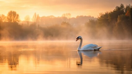 Mute Swan on Misty Lake at Dawn, bird, feather,  bird, feather, reflection, dawn, solitude , peaceful, morning, serene