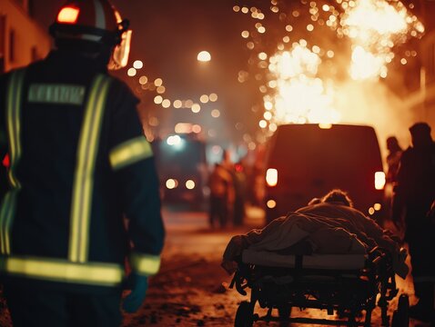 Firefighter at Night Emergency Scene with Fireworks