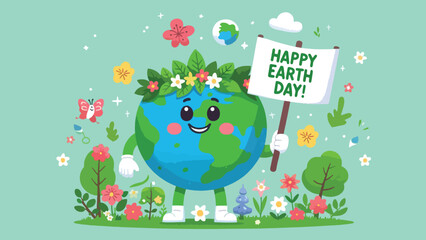 Planet Earth Mascot, A friendly, smiling Earth character with arms and legs, wearing a leafy crown and holding a banner that says 'Happy Earth Day 