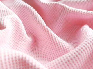 Pink waffle fabric with folds. Textured background for advertising. Delicate wrinkled fabric.