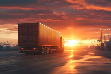 Obraz premium Semi-Truck with Shipping Container at Sunset Port
