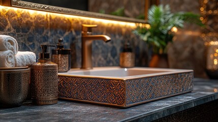 Elegant bathroom with detailed sink, gold fixtures, and soft lighting creating a luxurious atmosphere