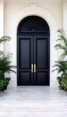 Fototapeta premium Elegant black double doors with arched entryway.