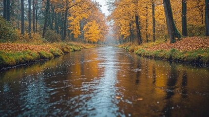 Autumn River Scene Gold and Yellow Leaves Peaceful Forest Landscape